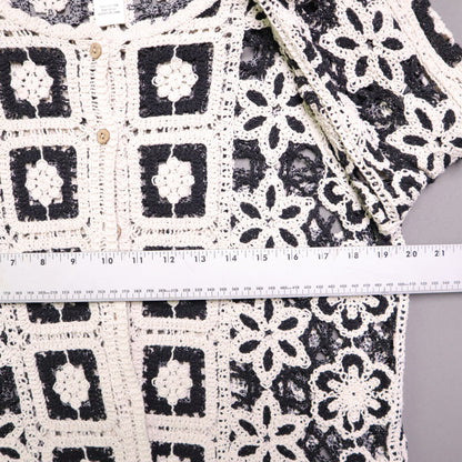 Ultra Pink Medium M Crochet Cardigan Sweater Black Cream Granny Square Boho Open