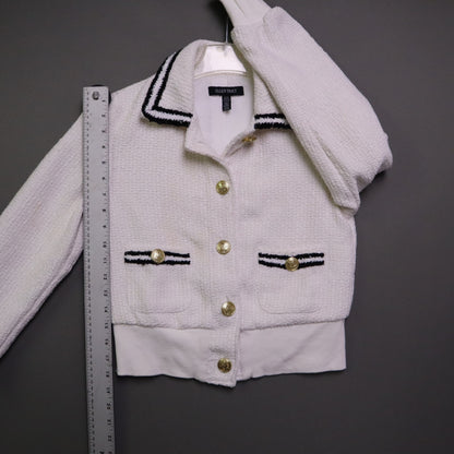 Ellen Tracy Womens XS Tweed Bomber Jacket Cream White Gold Button Cropped Chanel