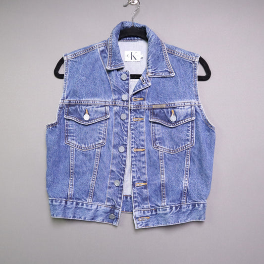 Vintage Calvin Klein Denim Vest Small S Made in USA Jean Sleeveless Trucker 90s