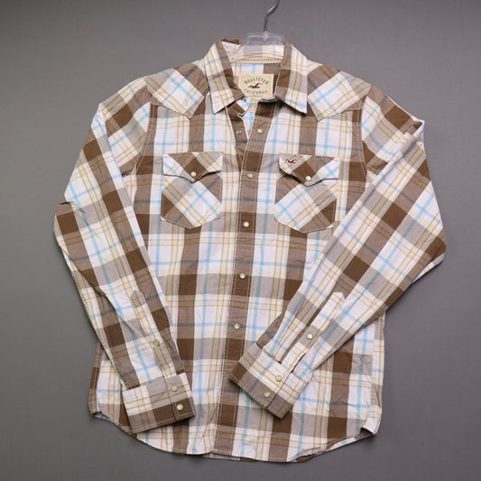 Hollister California Shirt XL Brown Blue Plaid Pearl Snap Long Sleeve Western