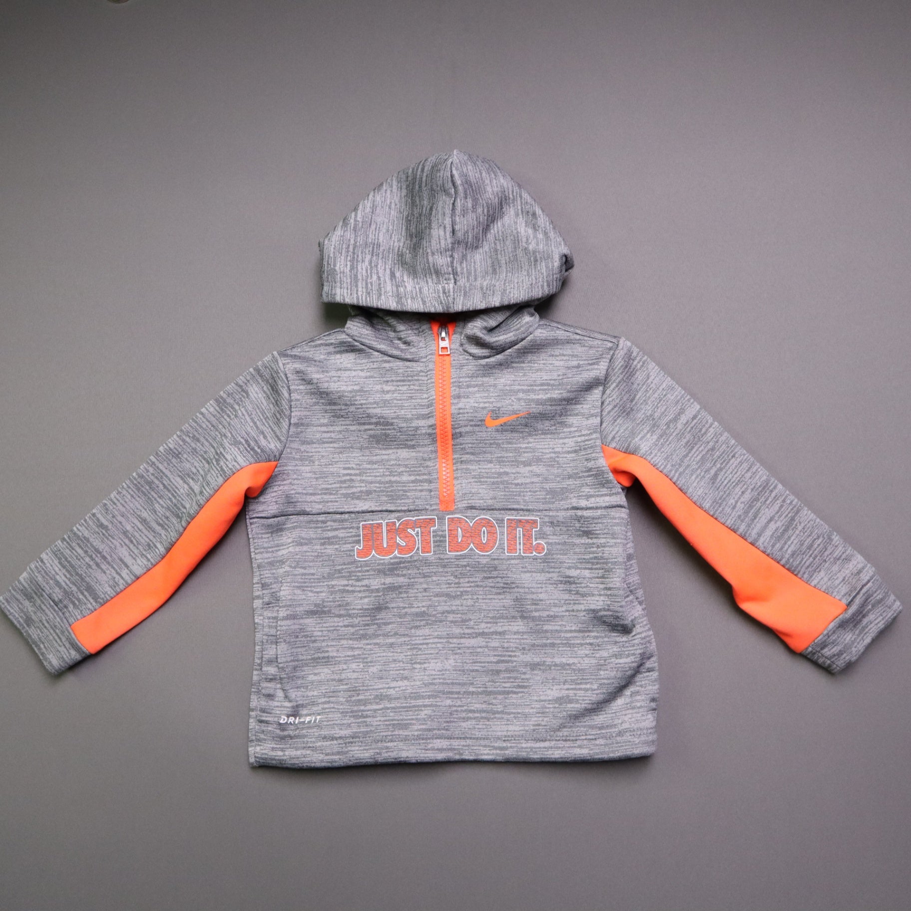 Nike Dri-FIT Toddler Boy Hoodie 24M Gray Neon Orange Quarter Zip Just Do It