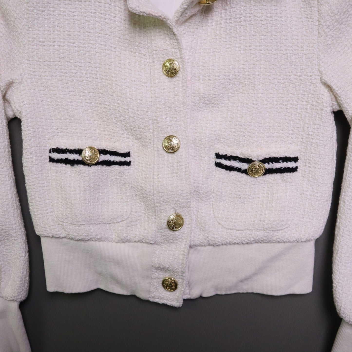 Ellen Tracy Womens XS Tweed Bomber Jacket Cream White Gold Button Cropped Chanel