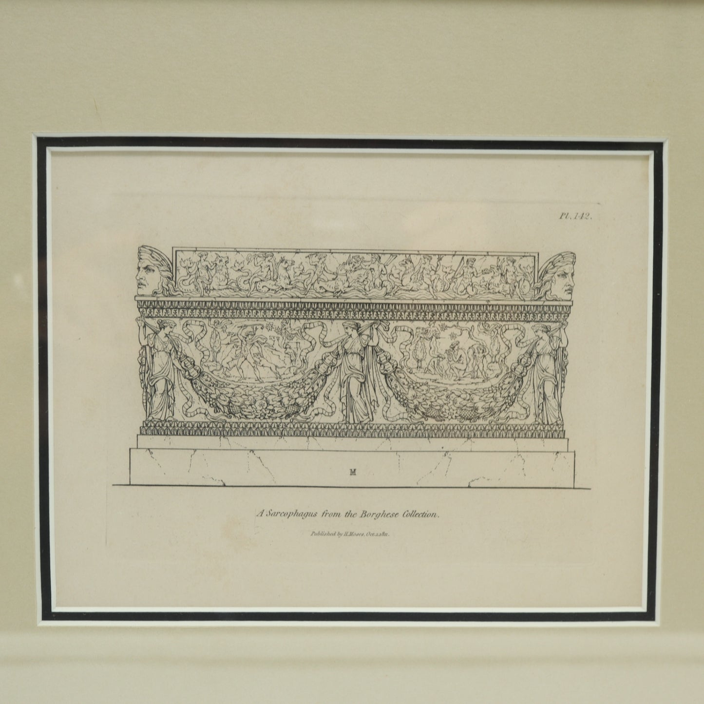 Framed Antique 1811 Engraving A Sarcophagus From The Borghese Collection H Moses