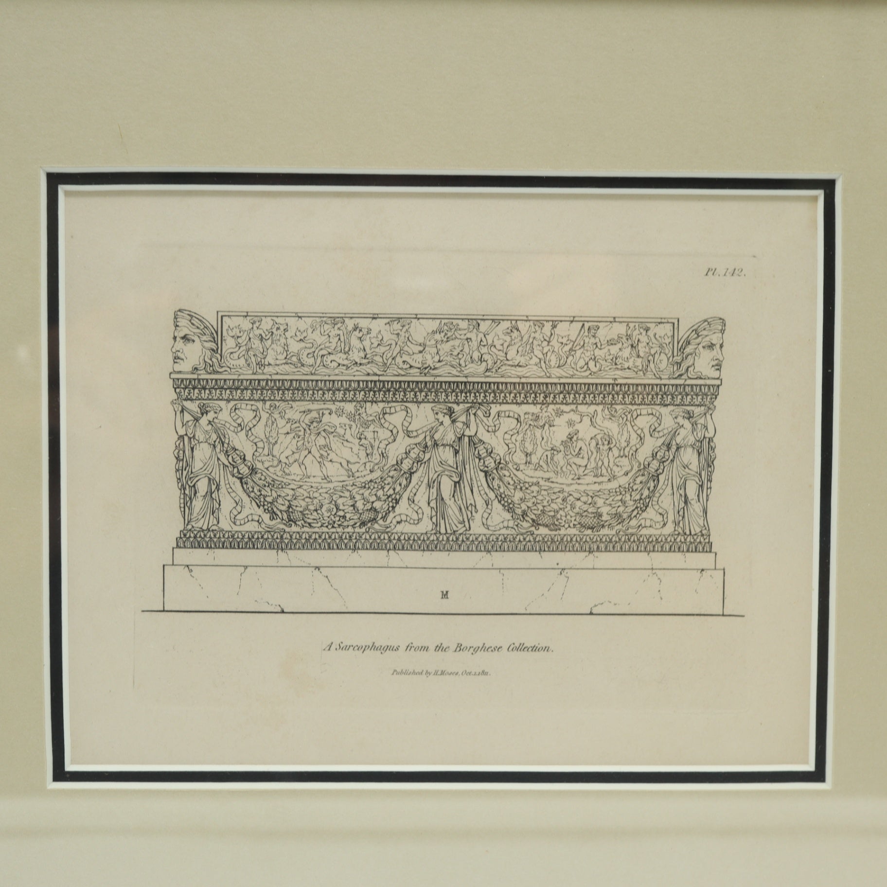 Framed Antique 1811 Engraving A Sarcophagus From The Borghese Collection H Moses