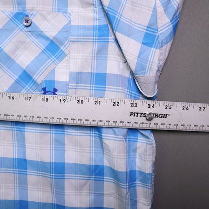 Under Armour Mens Large Shirt Short Sleeve Plaid Blue HeatGear Loose Fit Golf