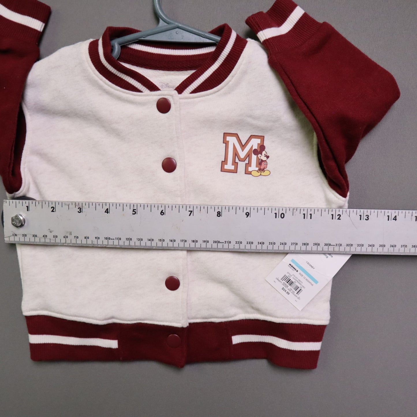 NWT Disney Jumping Beans Baby Boys 12M Mickey Mouse Varsity Jacket Cream Maroon