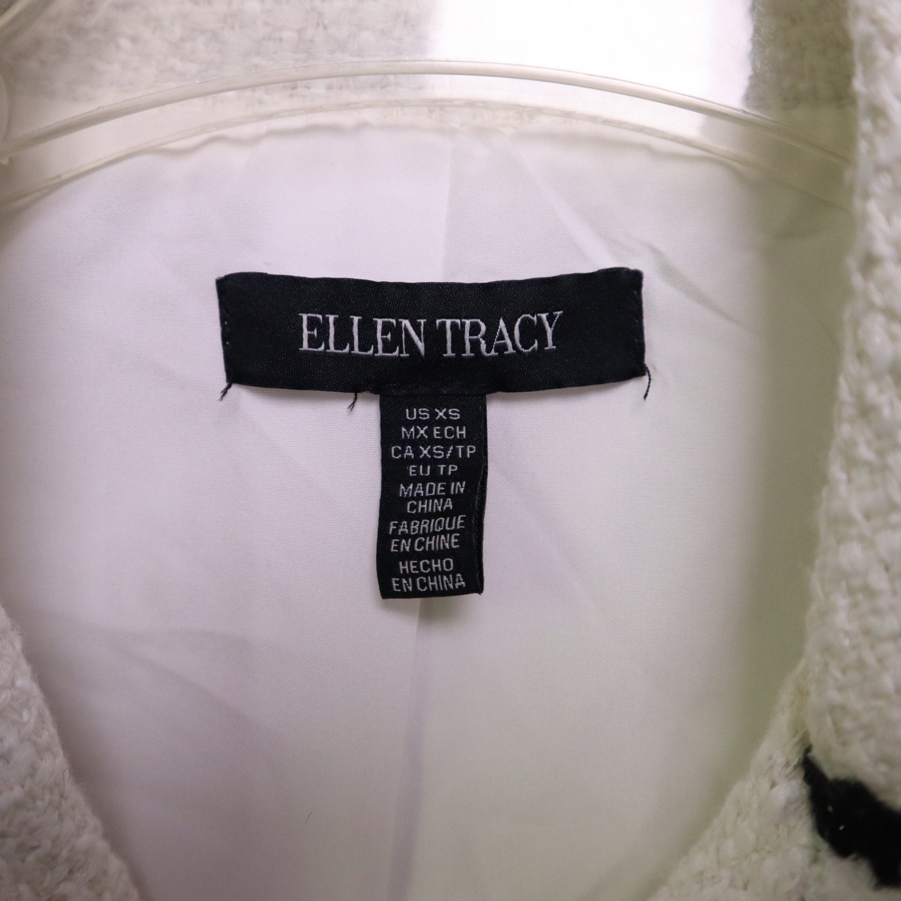 Ellen Tracy Womens XS Tweed Bomber Jacket Cream White Gold Button Cropped Chanel