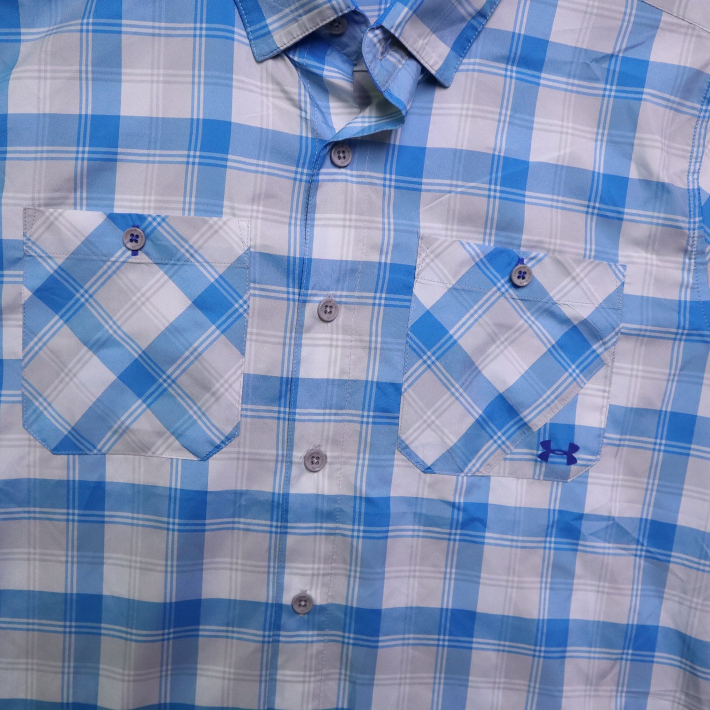 Under Armour Mens Large Shirt Short Sleeve Plaid Blue HeatGear Loose Fit Golf