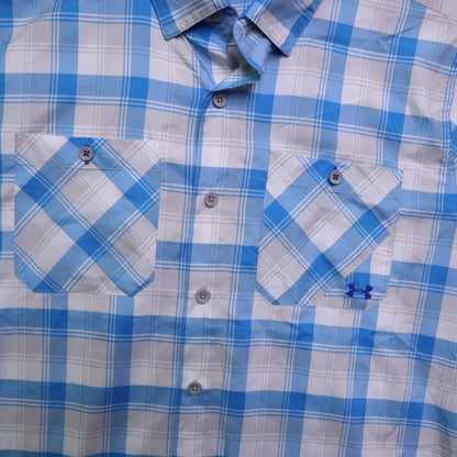 Under Armour Mens Large Shirt Short Sleeve Plaid Blue HeatGear Loose Fit Golf