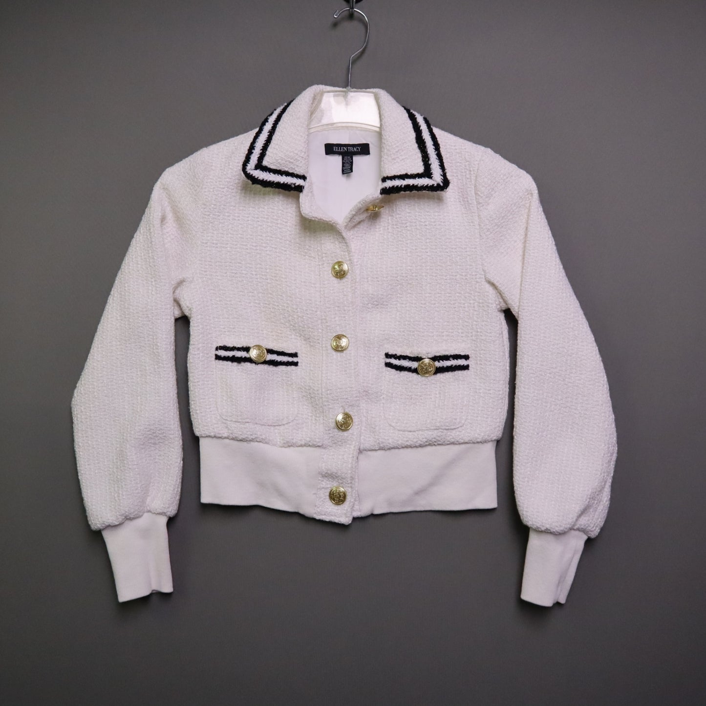 Ellen Tracy Womens XS Tweed Bomber Jacket Cream White Gold Button Cropped Chanel