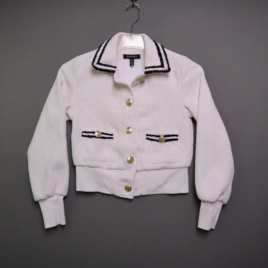 Ellen Tracy Womens XS Tweed Bomber Jacket Cream White Gold Button Cropped Chanel