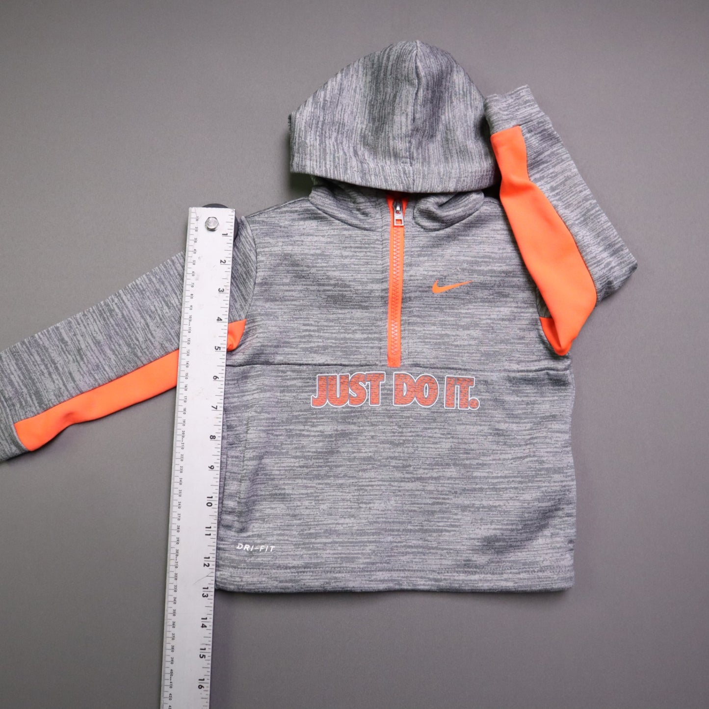 Nike Dri-FIT Toddler Boy Hoodie 24M Gray Neon Orange Quarter Zip Just Do It
