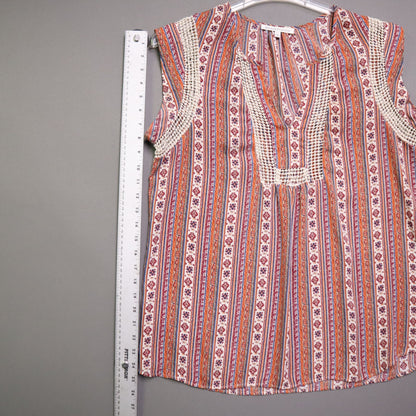 Daniel Rainn Womens Large Boho Printed Sleeveless Top Crochet Trim V-Neck Blouse