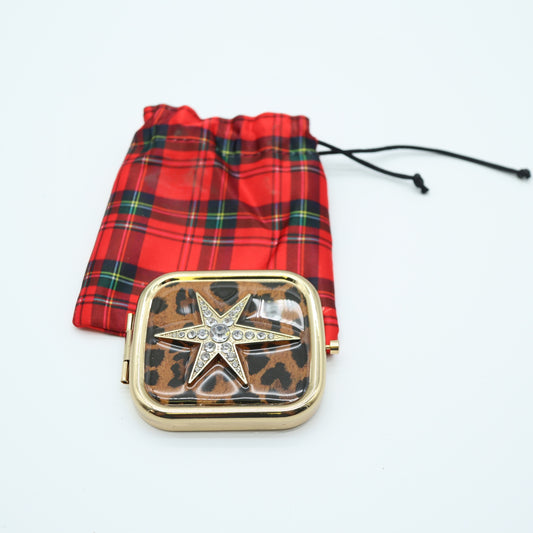 Avon Leopard Print Compact Mirror Rhinestone Star Gold Tone w Plaid Pouch
