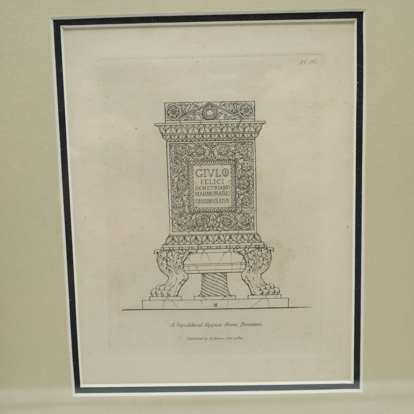 Framed Antique 1811 Engraving A Sepulchral Cippus From Piranesi Henry Moses Art