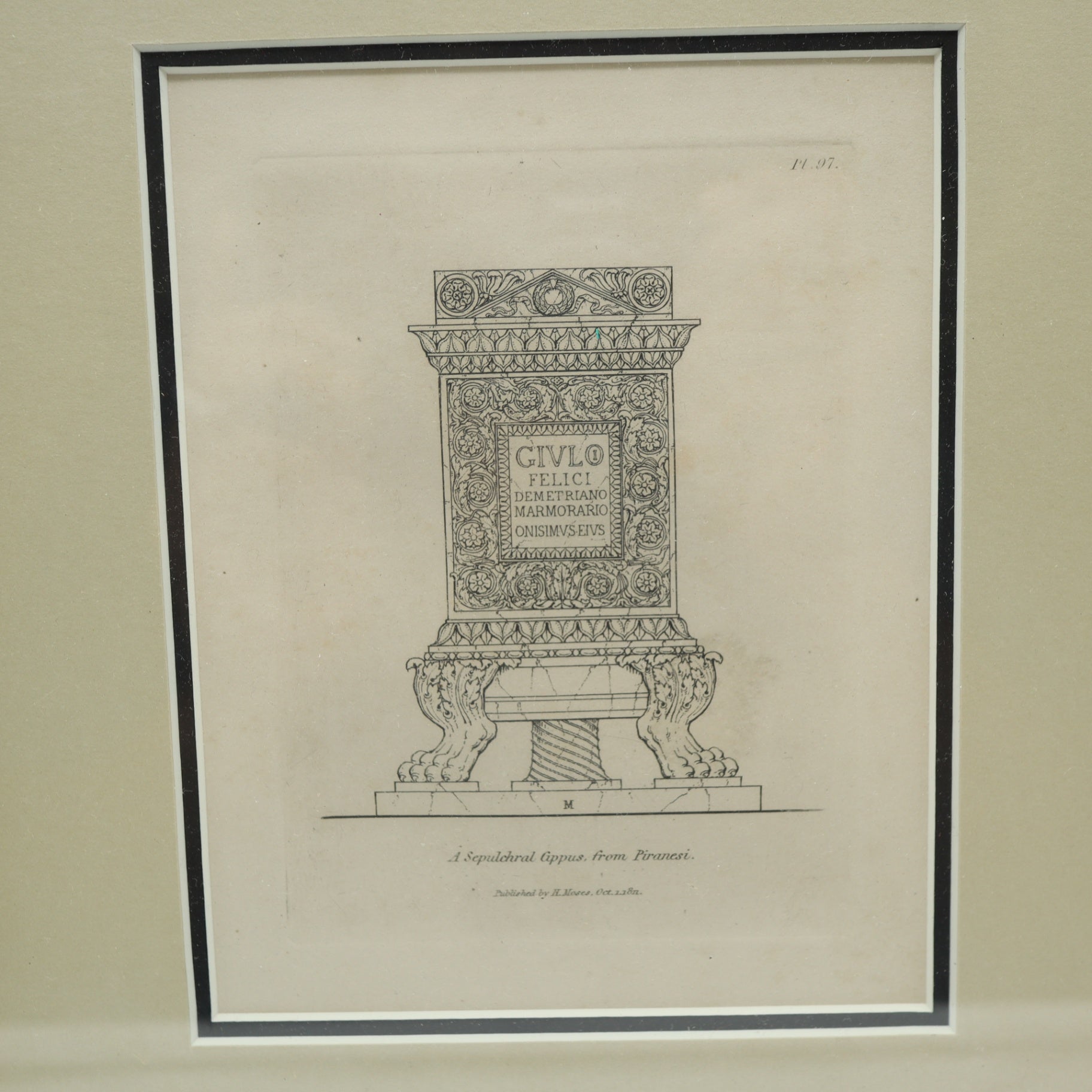 Framed Antique 1811 Engraving A Sepulchral Cippus From Piranesi Henry Moses Art