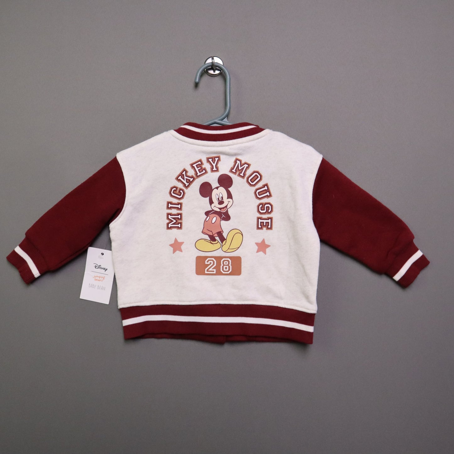 NWT Disney Jumping Beans Baby Boys 12M Mickey Mouse Varsity Jacket Cream Maroon