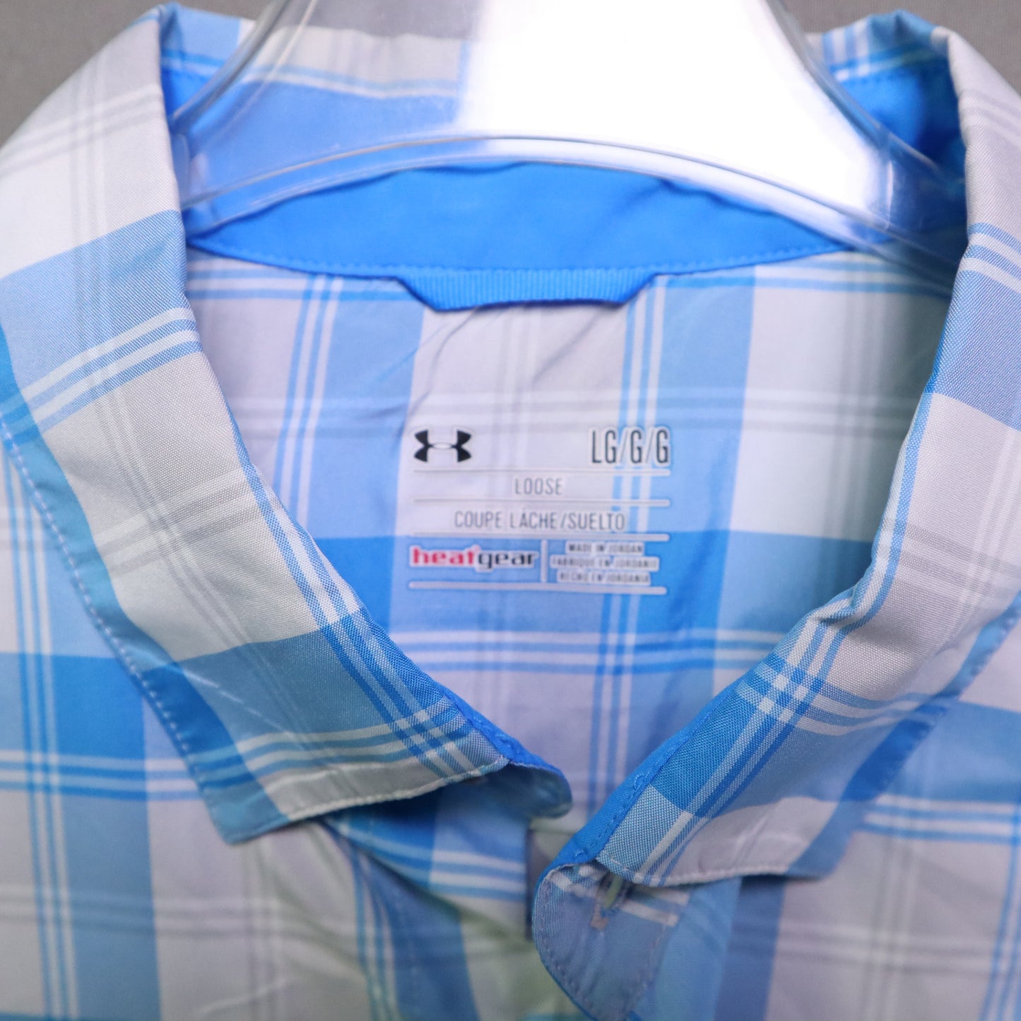 Under Armour Mens Large Shirt Short Sleeve Plaid Blue HeatGear Loose Fit Golf