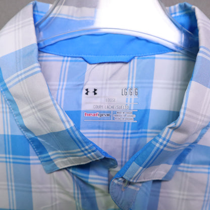Under Armour Mens Large Shirt Short Sleeve Plaid Blue HeatGear Loose Fit Golf