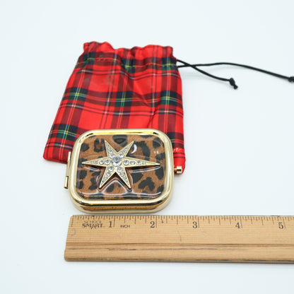 Avon Leopard Print Compact Mirror Rhinestone Star Gold Tone w Plaid Pouch