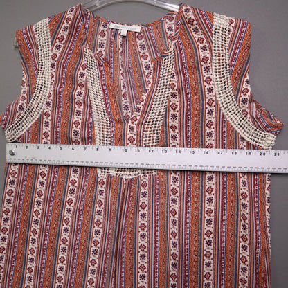 Daniel Rainn Womens Large Boho Printed Sleeveless Top Crochet Trim V-Neck Blouse