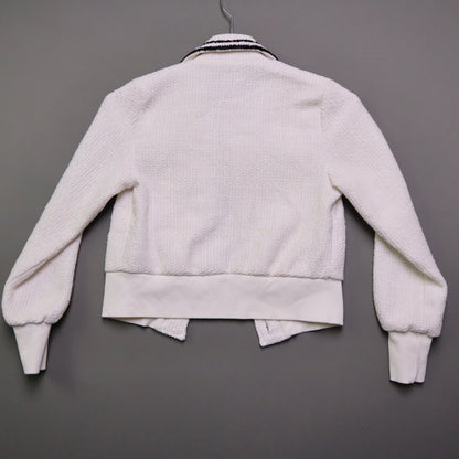 Ellen Tracy Womens XS Tweed Bomber Jacket Cream White Gold Button Cropped Chanel