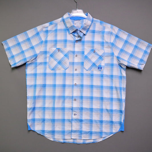 Under Armour Mens Large Shirt Short Sleeve Plaid Blue HeatGear Loose Fit Golf
