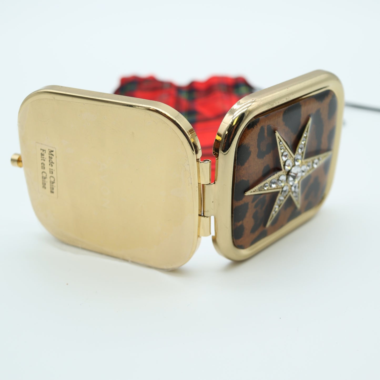 Avon Leopard Print Compact Mirror Rhinestone Star Gold Tone w Plaid Pouch