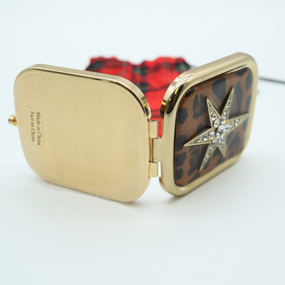 Avon Leopard Print Compact Mirror Rhinestone Star Gold Tone w Plaid Pouch