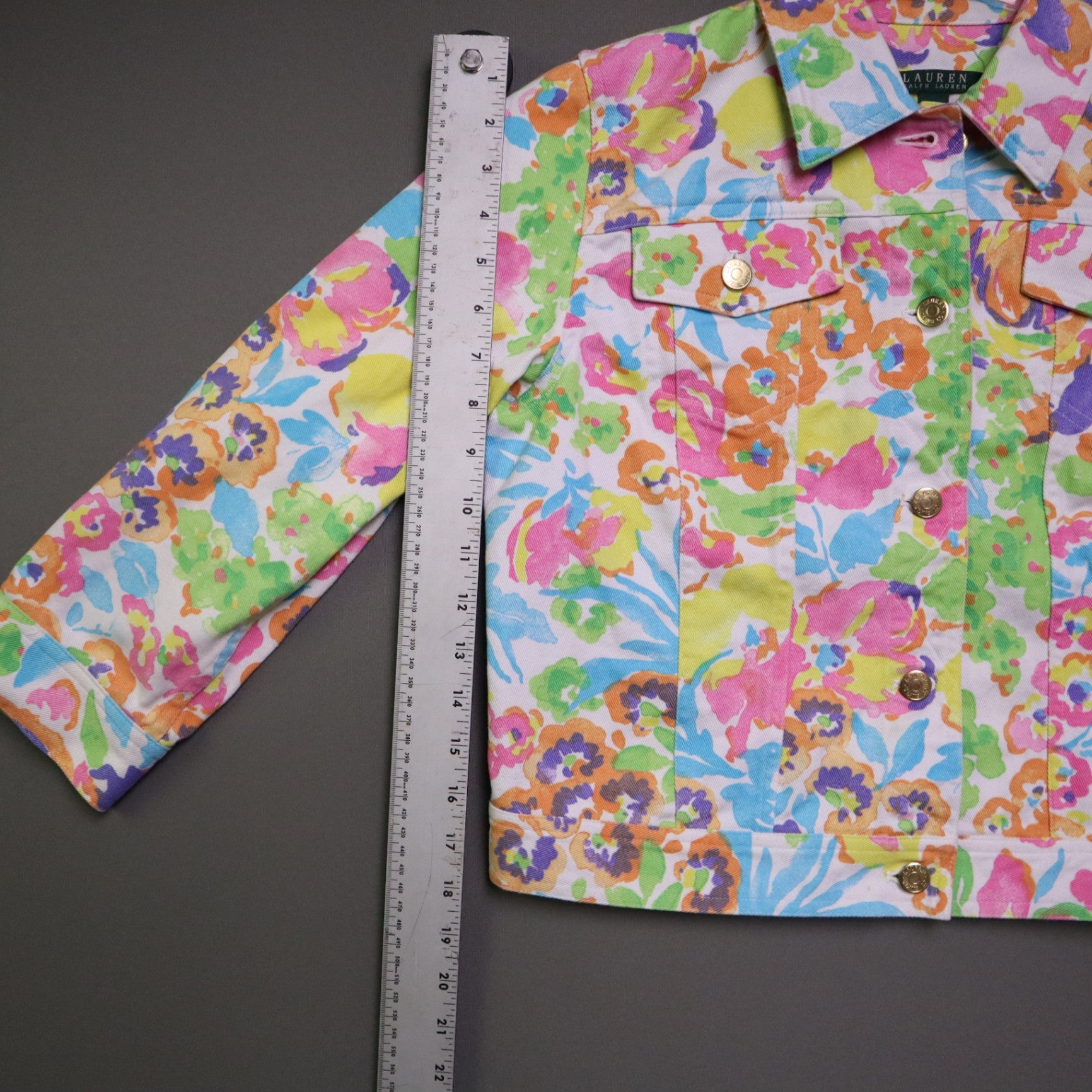 Lauren Ralph Lauren Womens Medium Bright Watercolor Floral Denim Trucker Jacket