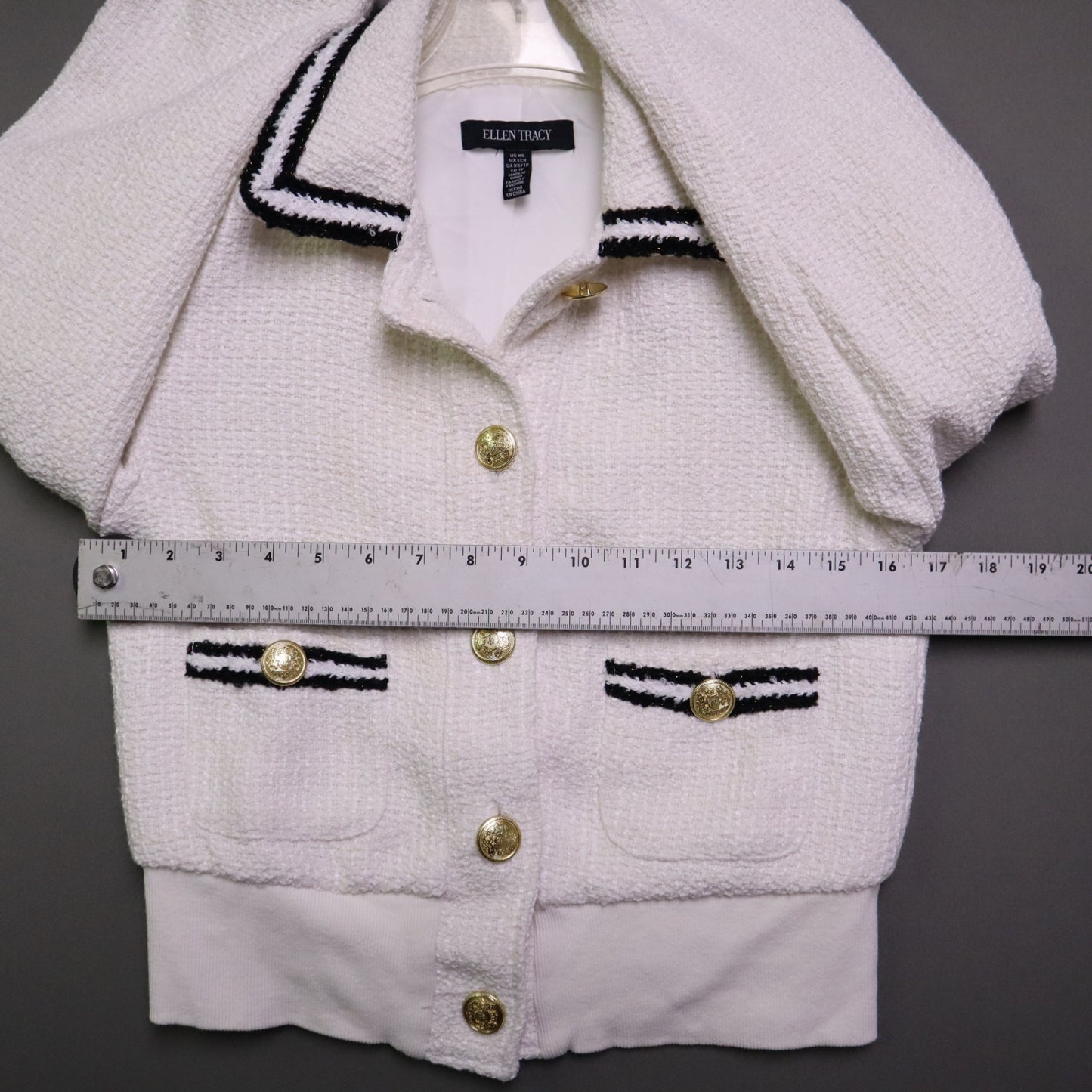 Ellen Tracy Womens XS Tweed Bomber Jacket Cream White Gold Button Cropped Chanel