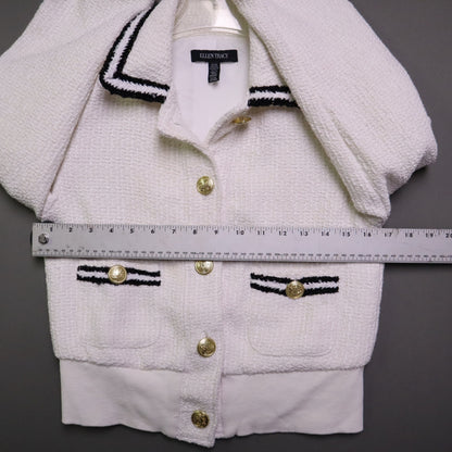 Ellen Tracy Womens XS Tweed Bomber Jacket Cream White Gold Button Cropped Chanel