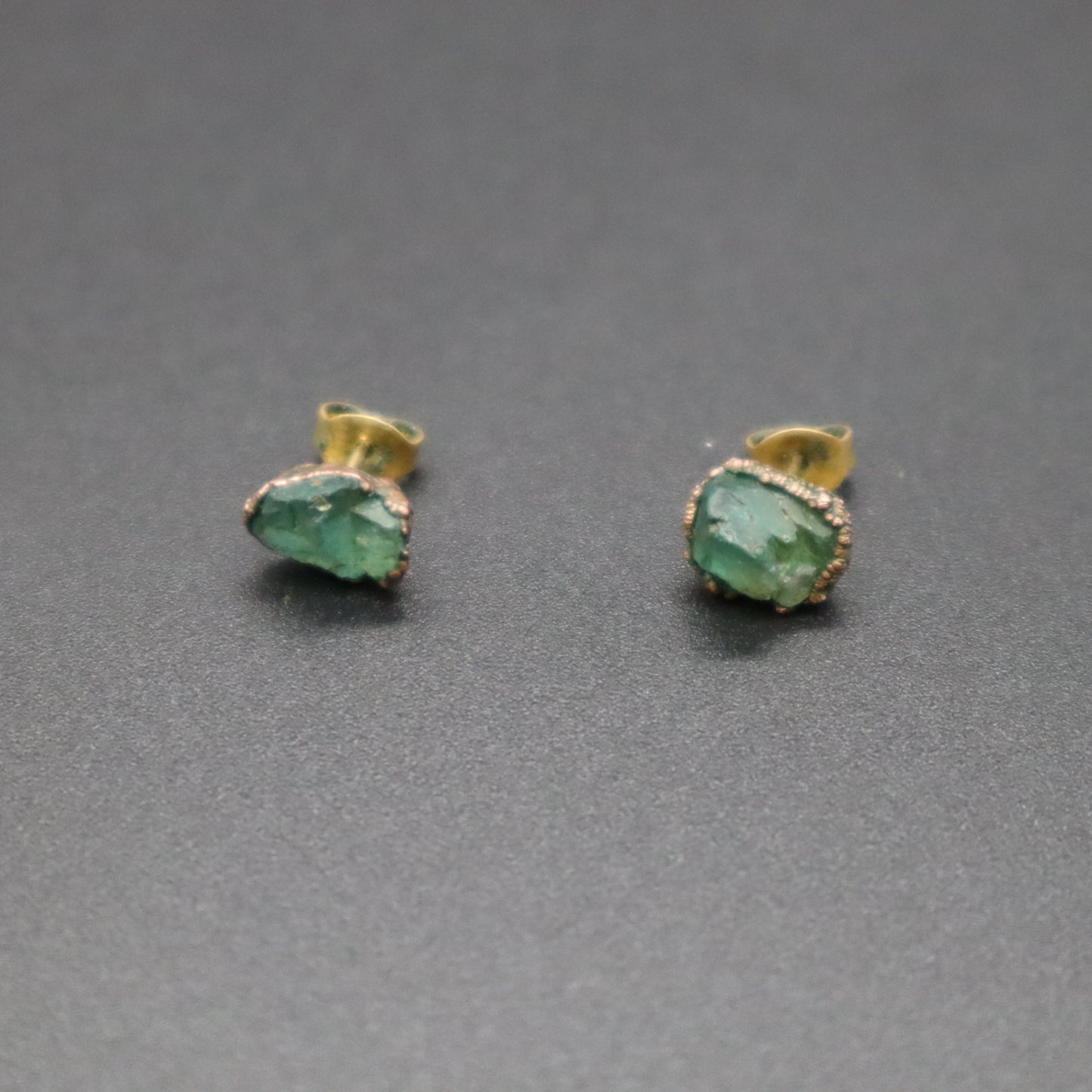Raw Emerald Electroformed Stud Earrings Uncut Green Gemstone Copper Posts 1.66g