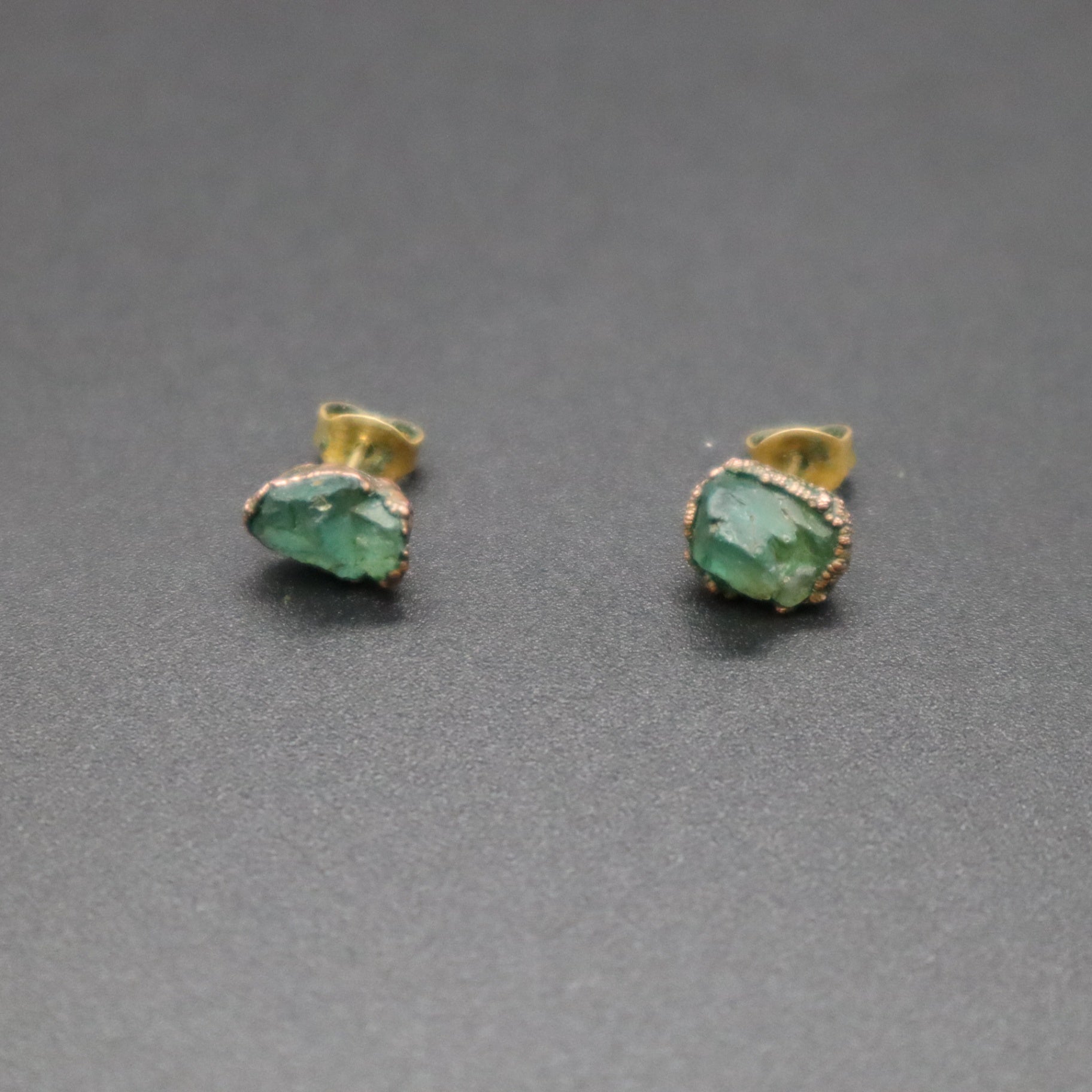 Raw Emerald Electroformed Stud Earrings Uncut Green Gemstone Copper Posts 1.66g