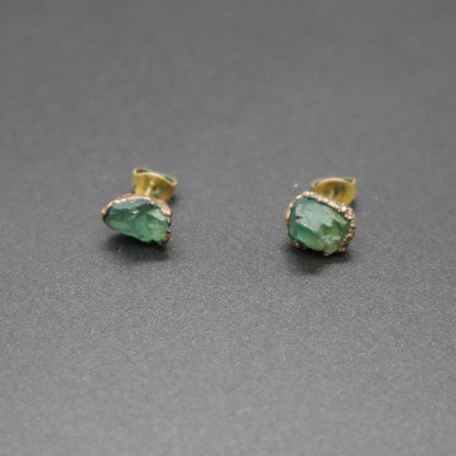 Raw Emerald Electroformed Stud Earrings Uncut Green Gemstone Copper Posts 1.66g