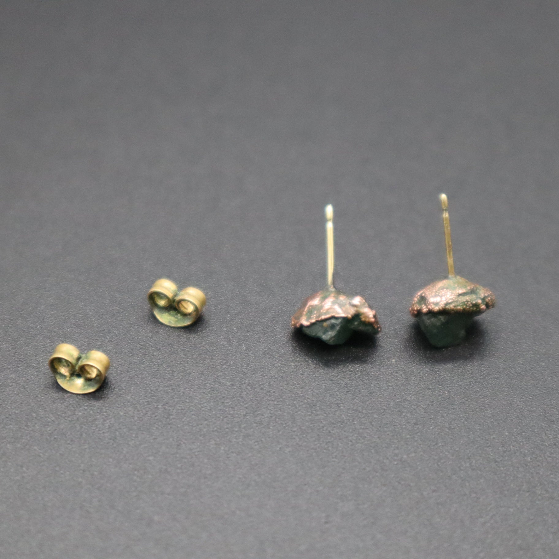 Raw Emerald Electroformed Stud Earrings Uncut Green Gemstone Copper Posts 1.66g