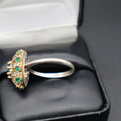 VTG 925 Sterling Silver Turkish Ottoman Emerald CZ Oval Cluster Dome Ring 4.9g