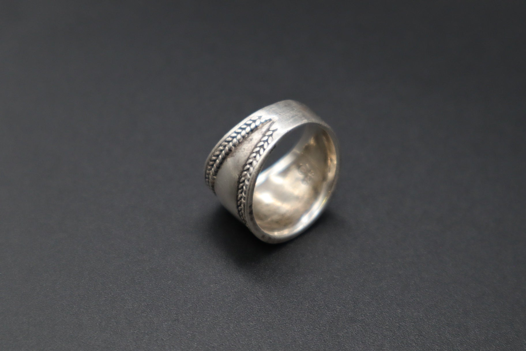 VTG Sterling Silver 925 Wide Cigar Band Ring Rope Braided Border Detail