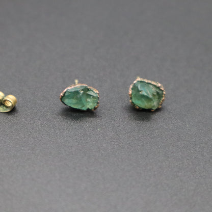 Raw Emerald Electroformed Stud Earrings Uncut Green Gemstone Copper Posts 1.66g