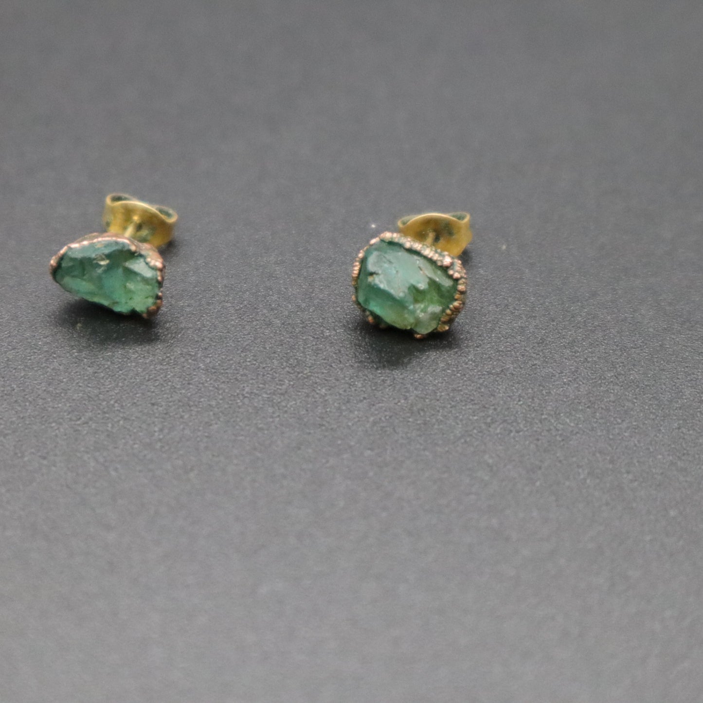 Raw Emerald Electroformed Stud Earrings Uncut Green Gemstone Copper Posts 1.66g