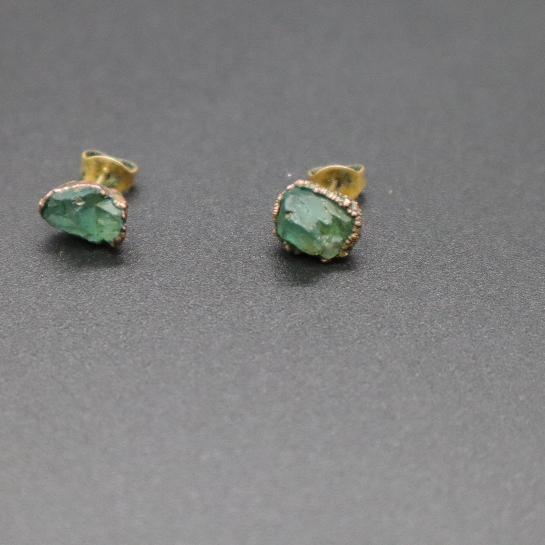 Raw Emerald Electroformed Stud Earrings Uncut Green Gemstone Copper Posts 1.66g