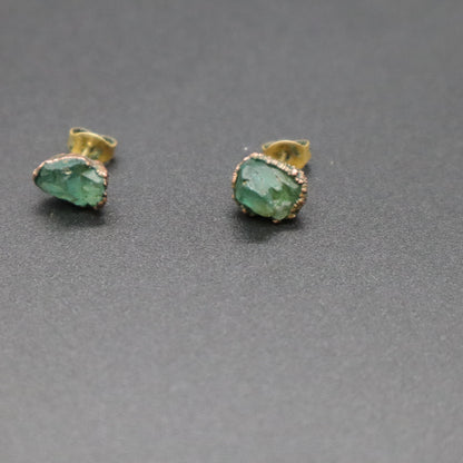 Raw Emerald Electroformed Stud Earrings Uncut Green Gemstone Copper Posts 1.66g