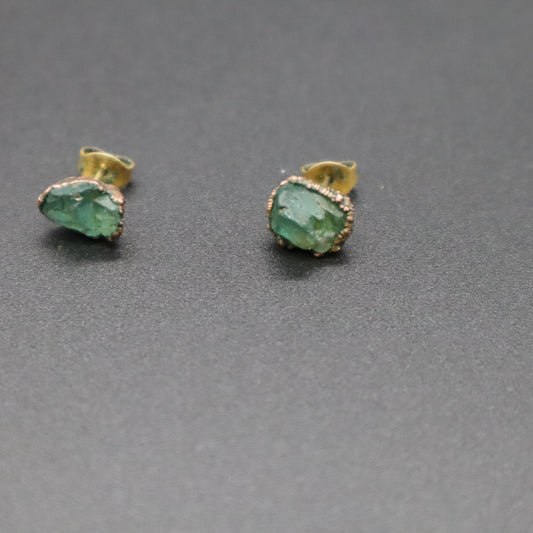 Raw Emerald Electroformed Stud Earrings Uncut Green Gemstone Copper Posts 1.66g