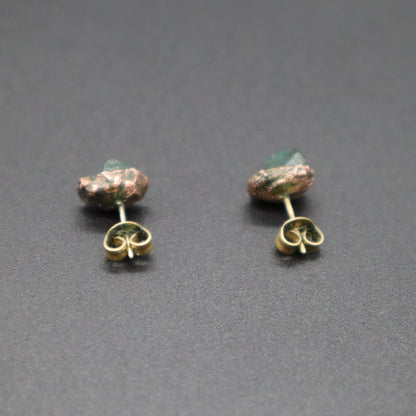 Raw Emerald Electroformed Stud Earrings Uncut Green Gemstone Copper Posts 1.66g