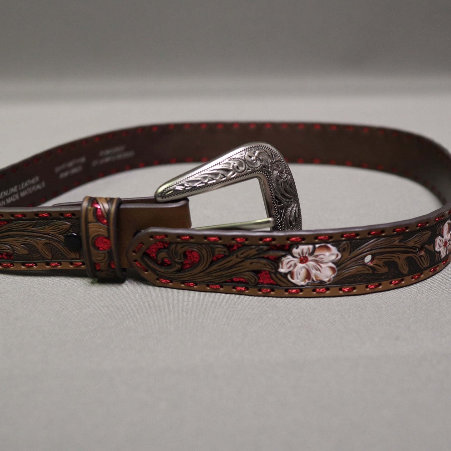 Shyanne Girls Floral Hand Tooled Leather Western Belt Size 24 Red Glitter