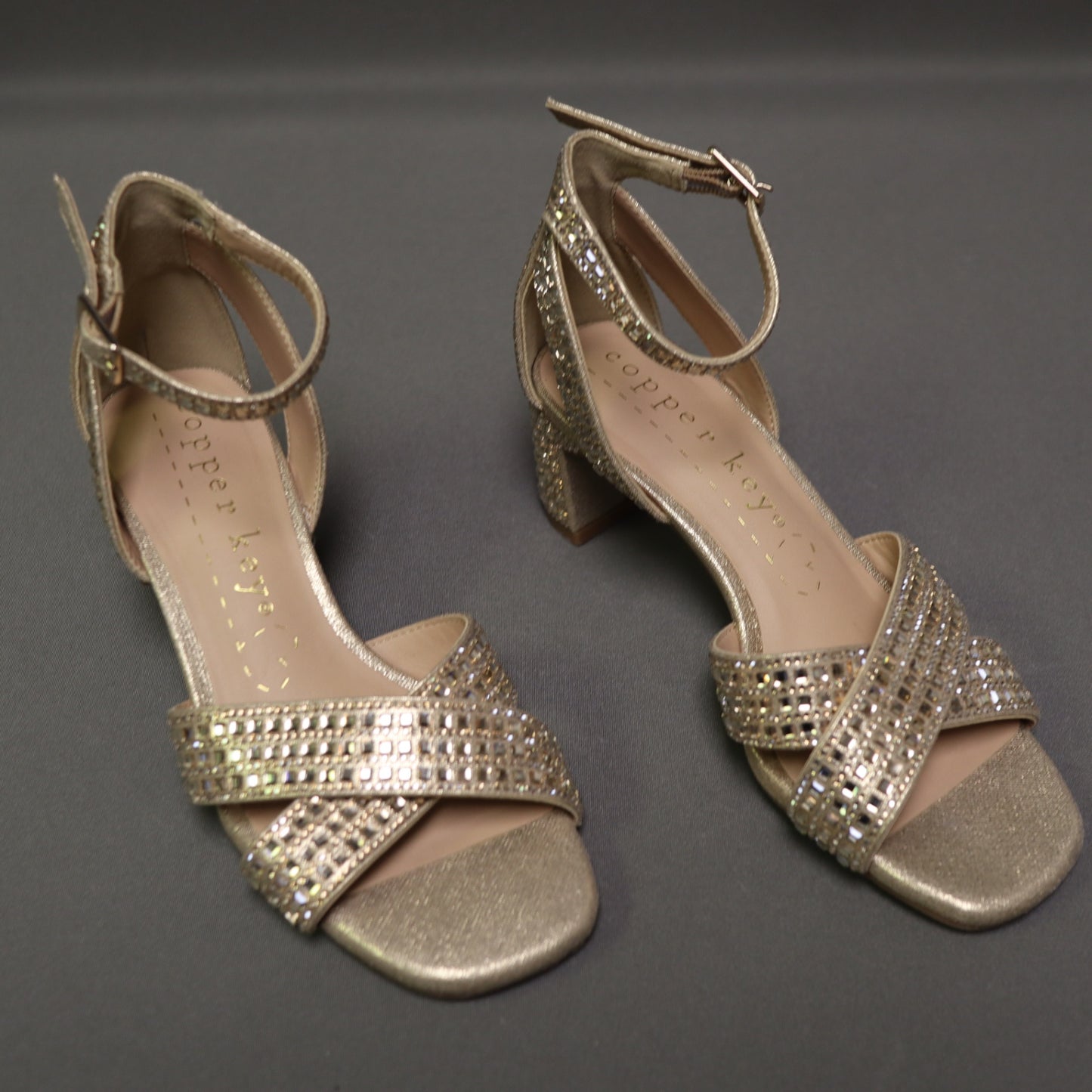 Copper Key Girls Gold Rhinestone Crisscross Ankle Strap Block Heel Sandals Size 2 M