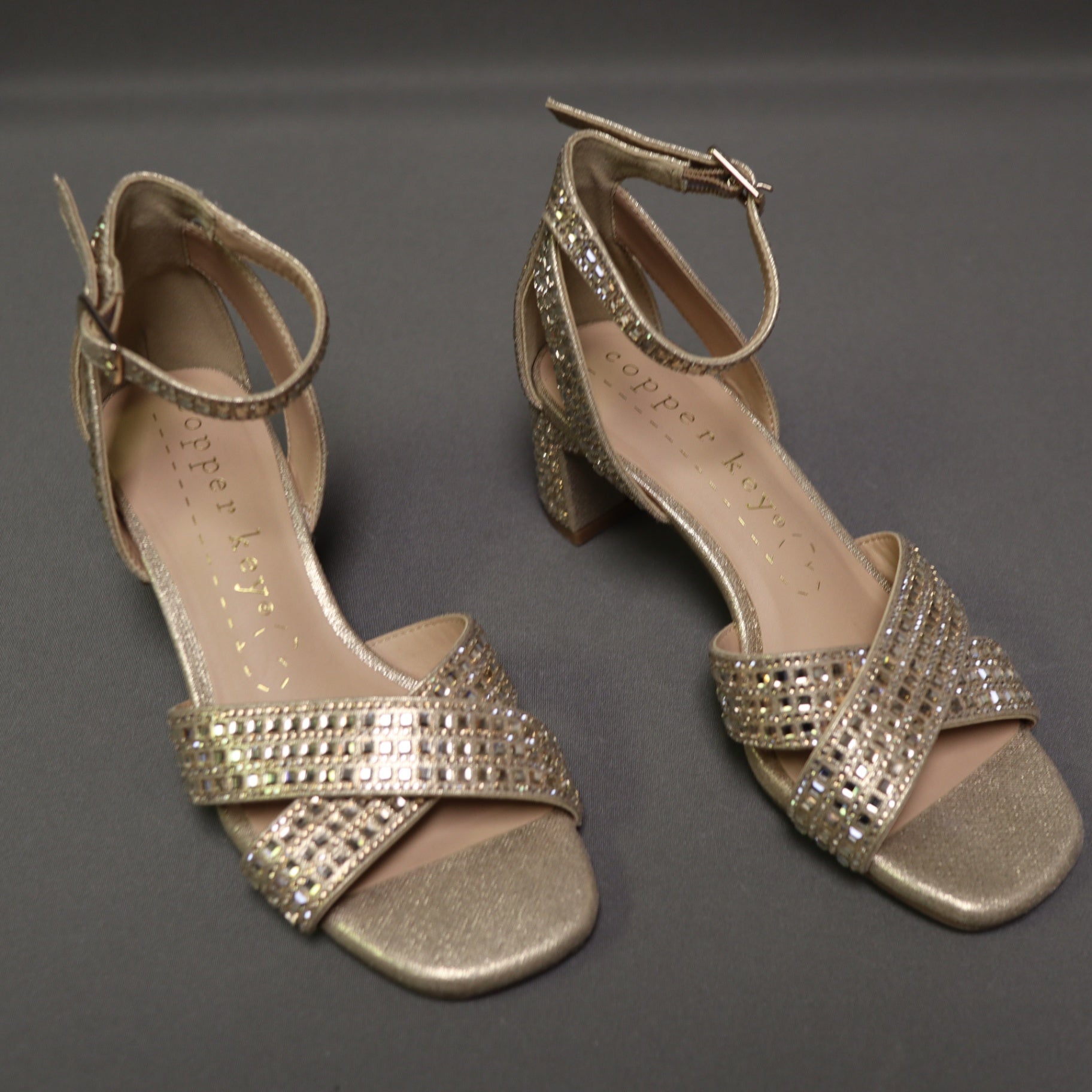 Copper Key Girls Gold Rhinestone Crisscross Ankle Strap Block Heel Sandals Size 2 M
