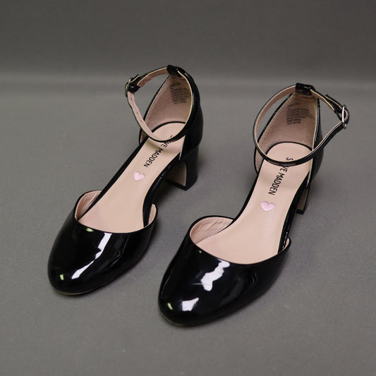 Steve Madden Kids Black Patent Ankle Strap Block Heel Pumps Size 1 Y