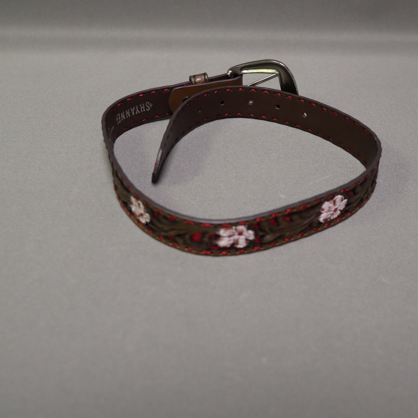 Shyanne Girls Floral Hand Tooled Leather Western Belt Size 24 Red Glitter