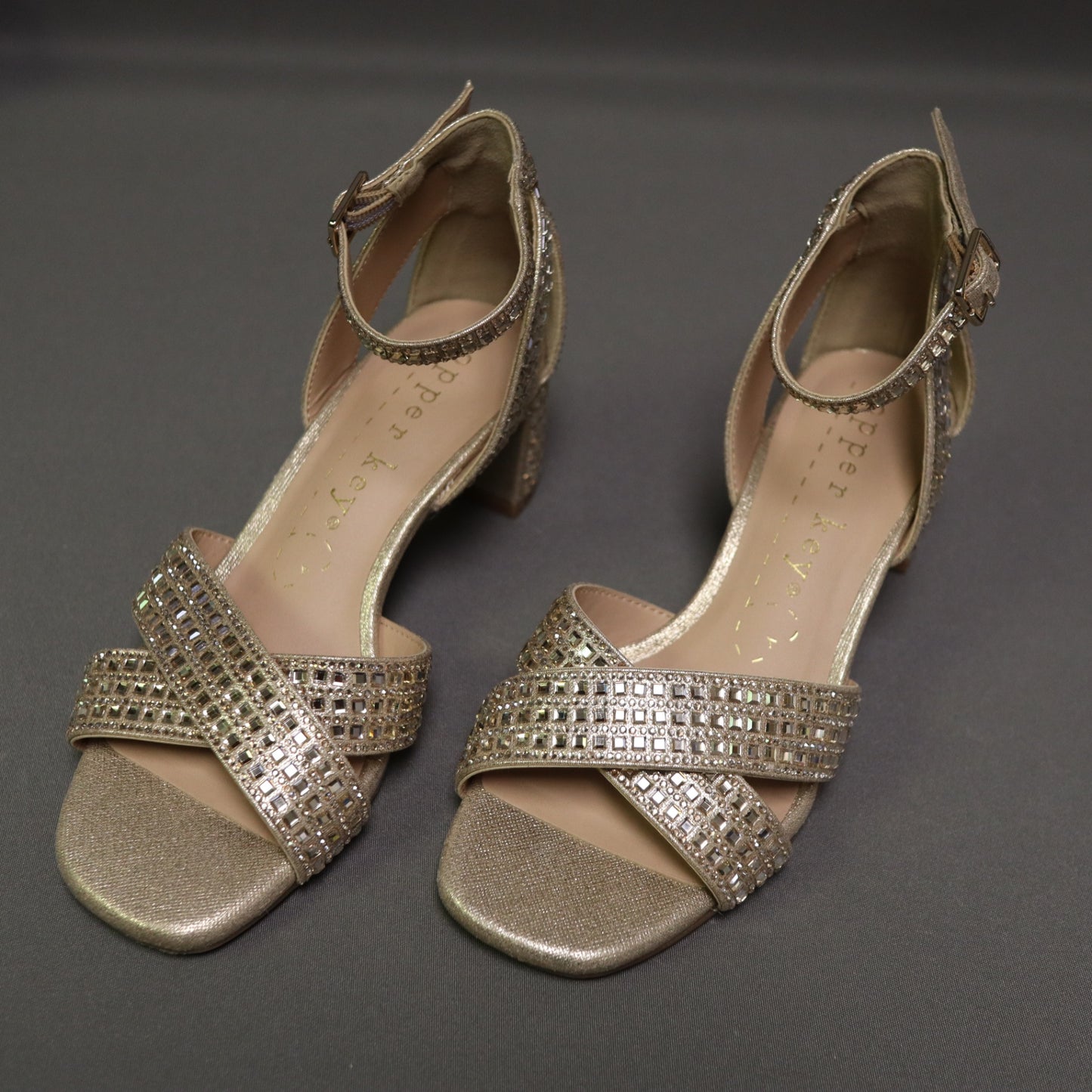 Copper Key Girls Gold Rhinestone Crisscross Ankle Strap Block Heel Sandals Size 2 M